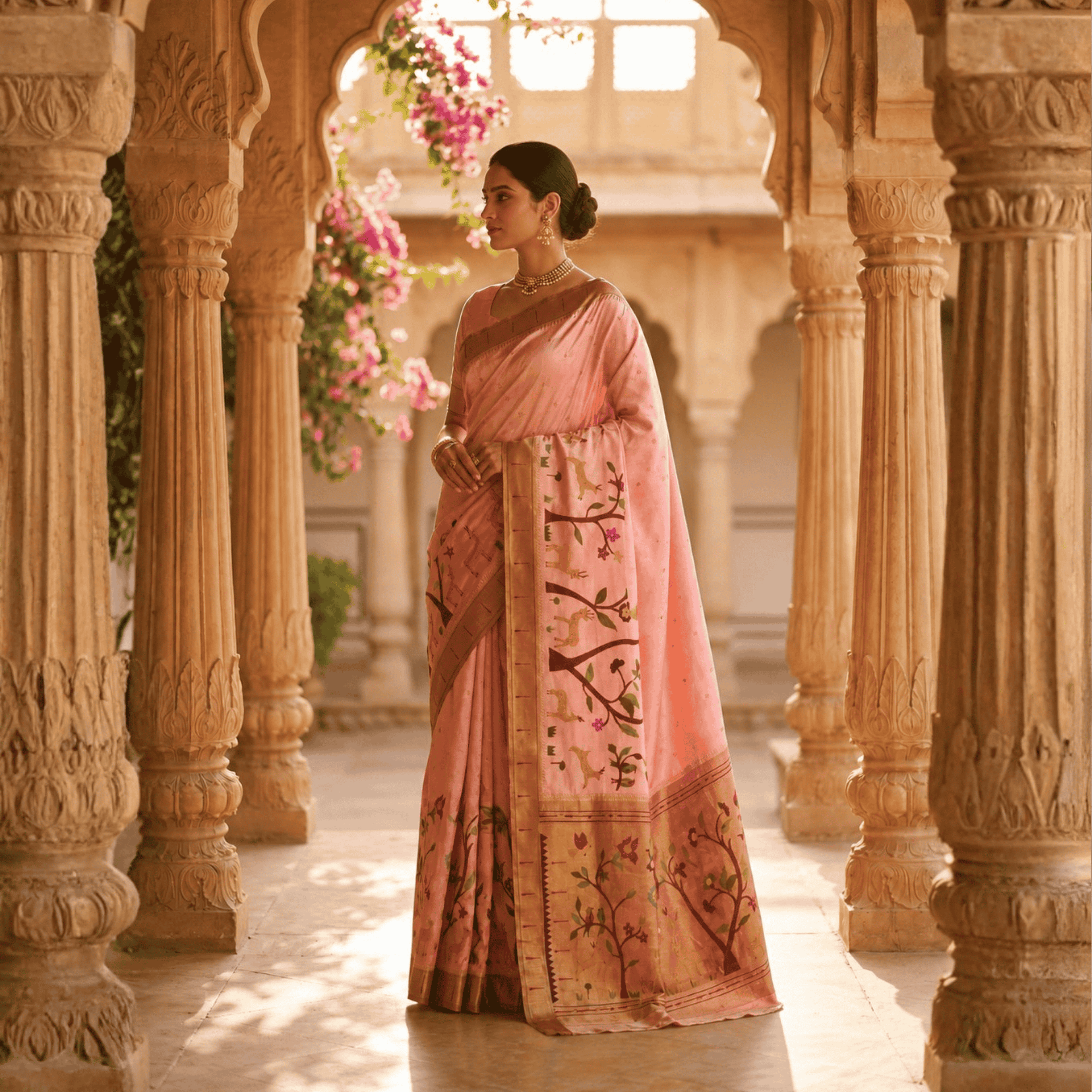 Woman in a traditional pink saree standing in an architectural setting with floral decorations.