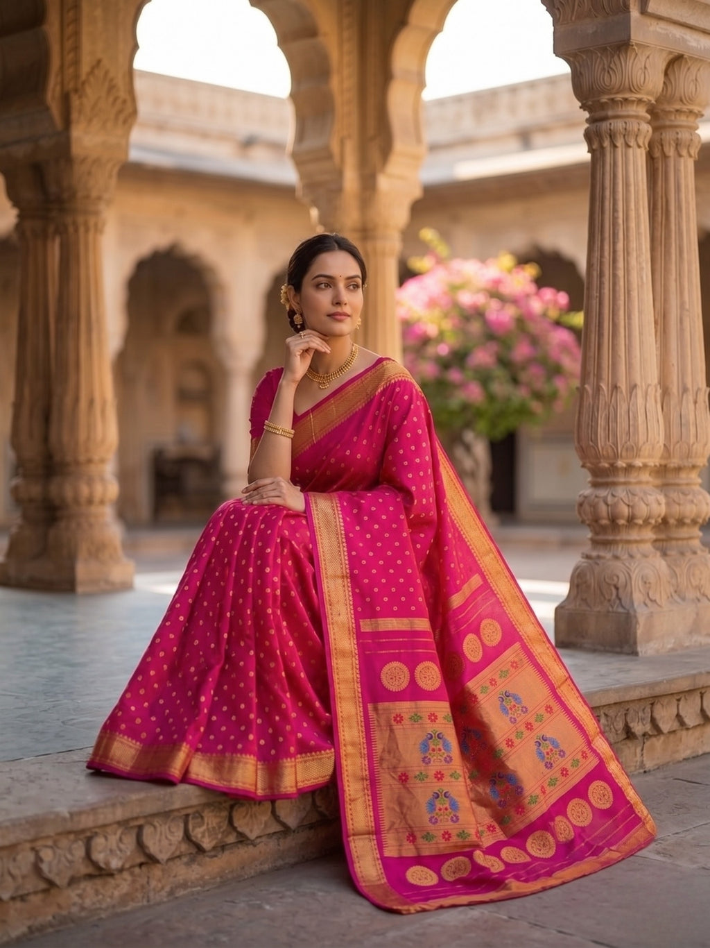 Woman in a pink saree with gold patterns standing in an architectural setting with columns and flowers.