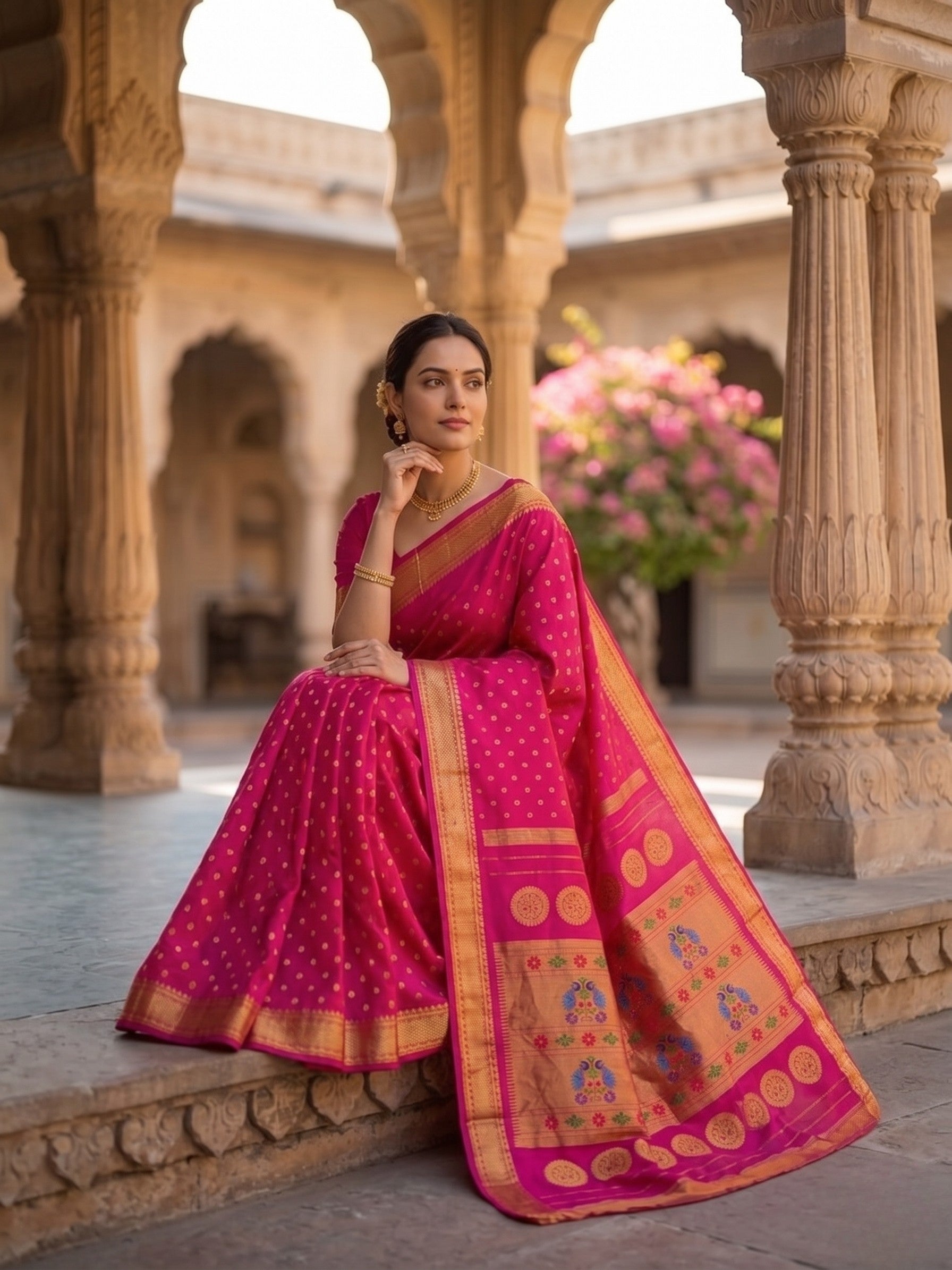 Woman in a pink saree with gold patterns standing in an architectural setting with columns and flowers.