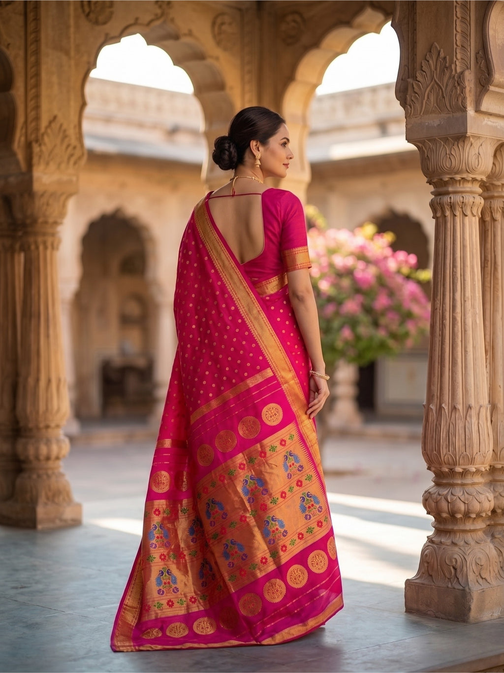Woman in a pink saree with a gold border standing in an architectural setting with floral decorations.