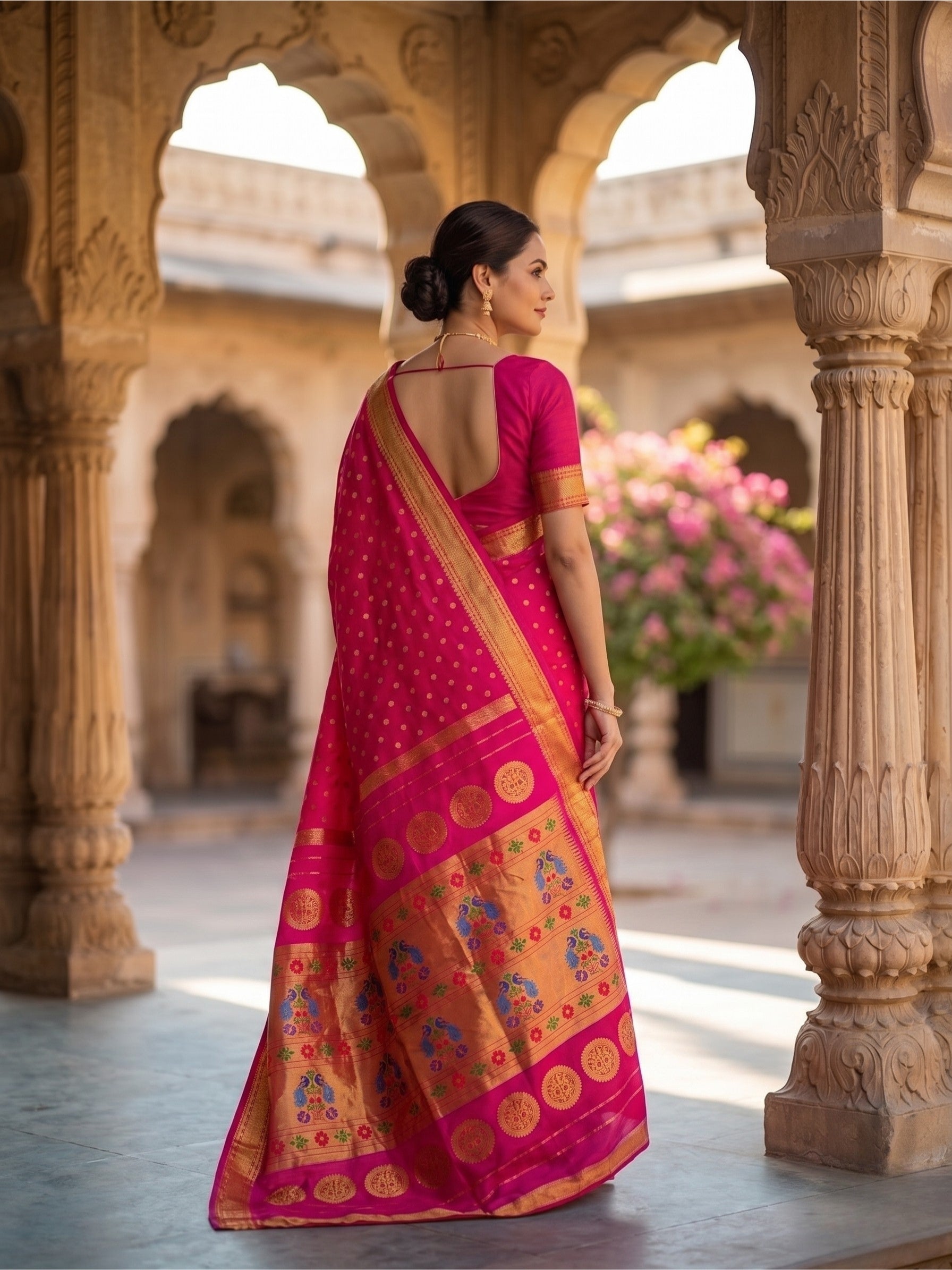 Woman in a pink saree with a gold border standing in an architectural setting with floral decorations.