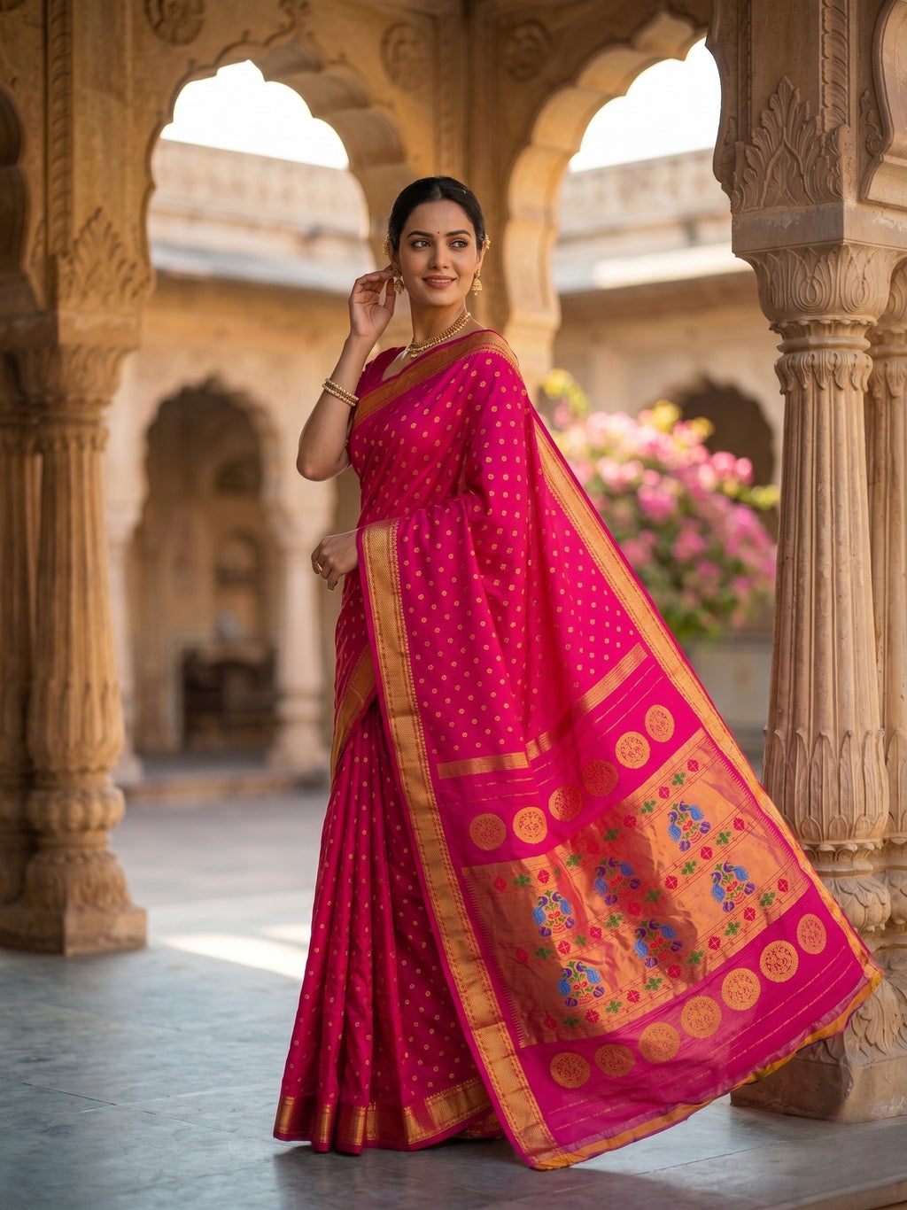 Woman in a pink saree with gold border standing in an architectural setting.