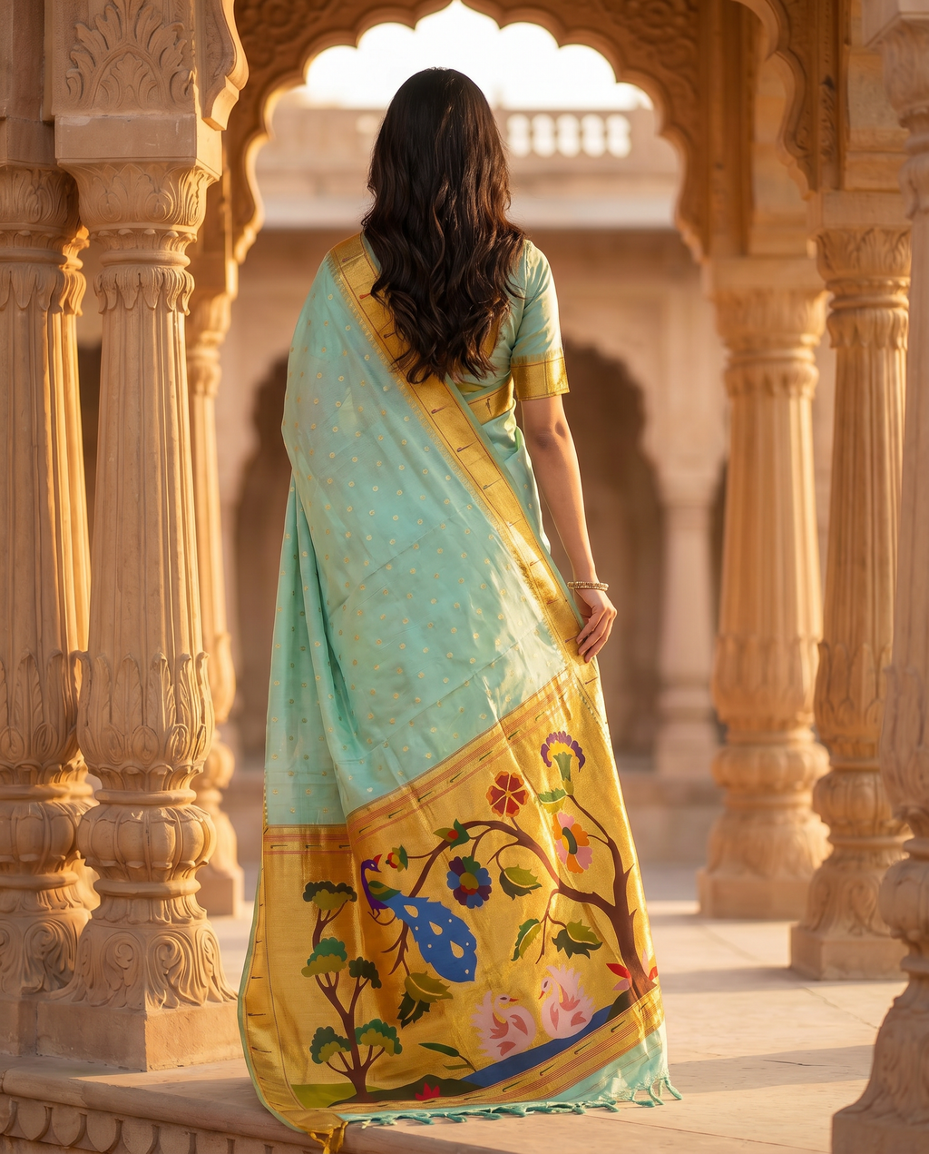 Woman in a traditional saree standing in an architectural setting