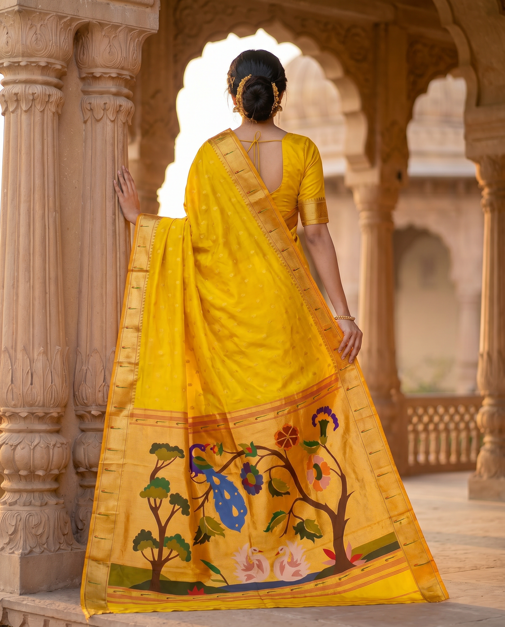 Woman in a yellow saree with intricate patterns standing in front of an architectural background.