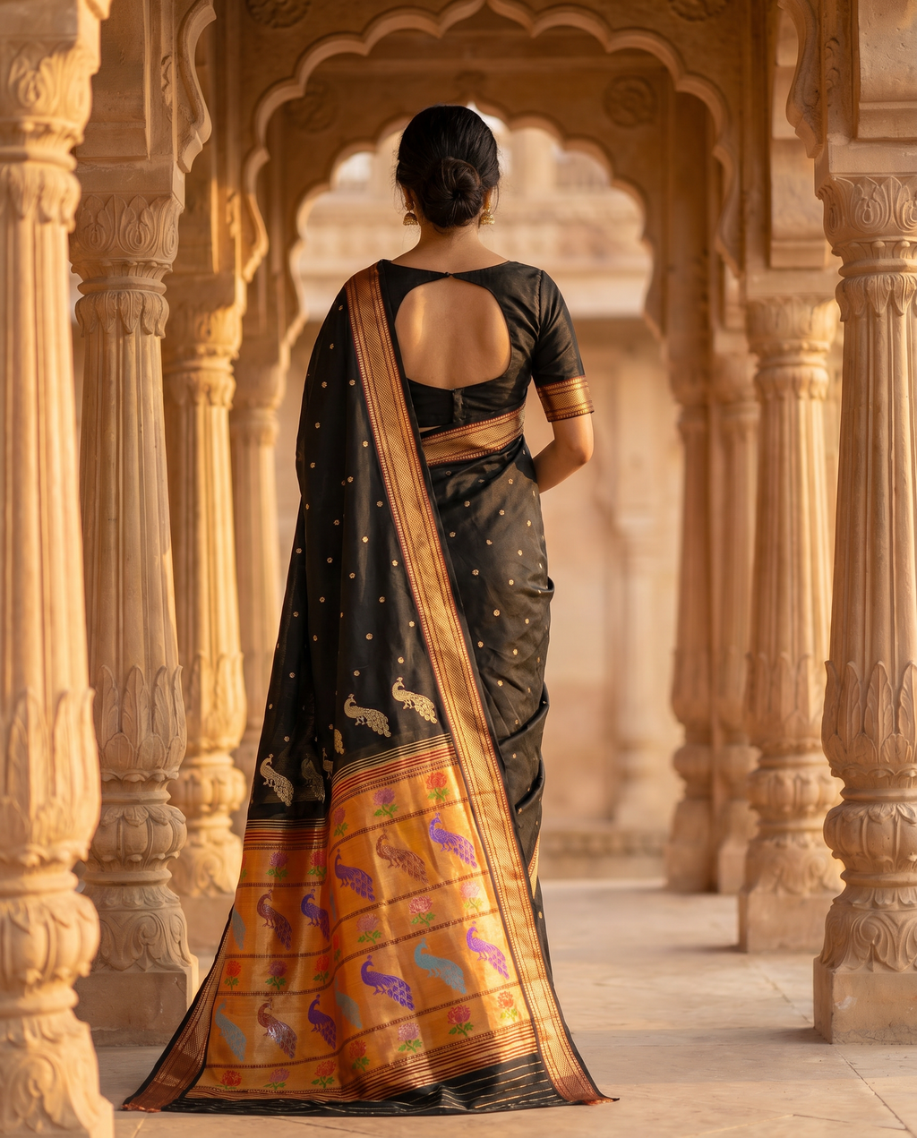Woman in a black and gold saree standing in an architectural setting
