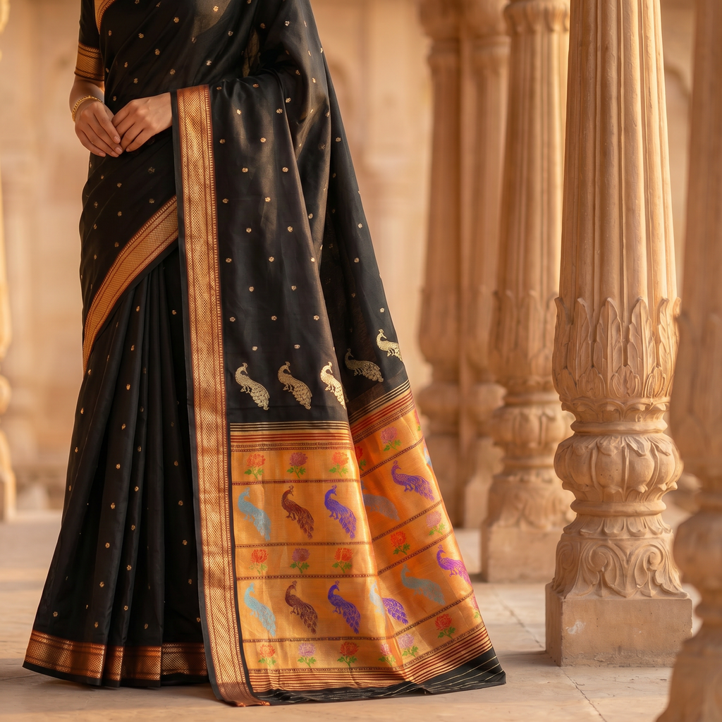 Black and orange saree with intricate patterns draped over a traditional setting.