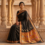 Woman in a traditional black saree with gold patterns in an architectural setting