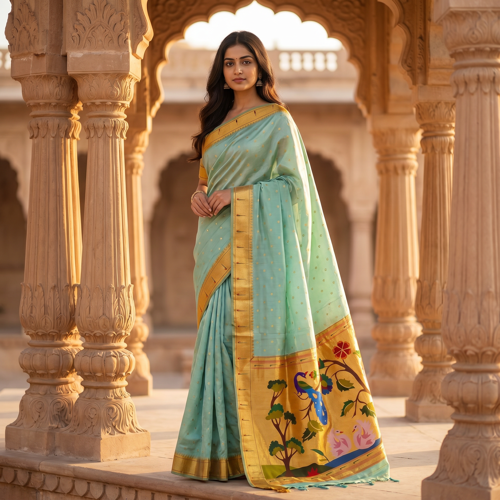Woman in a traditional saree standing in an architectural setting