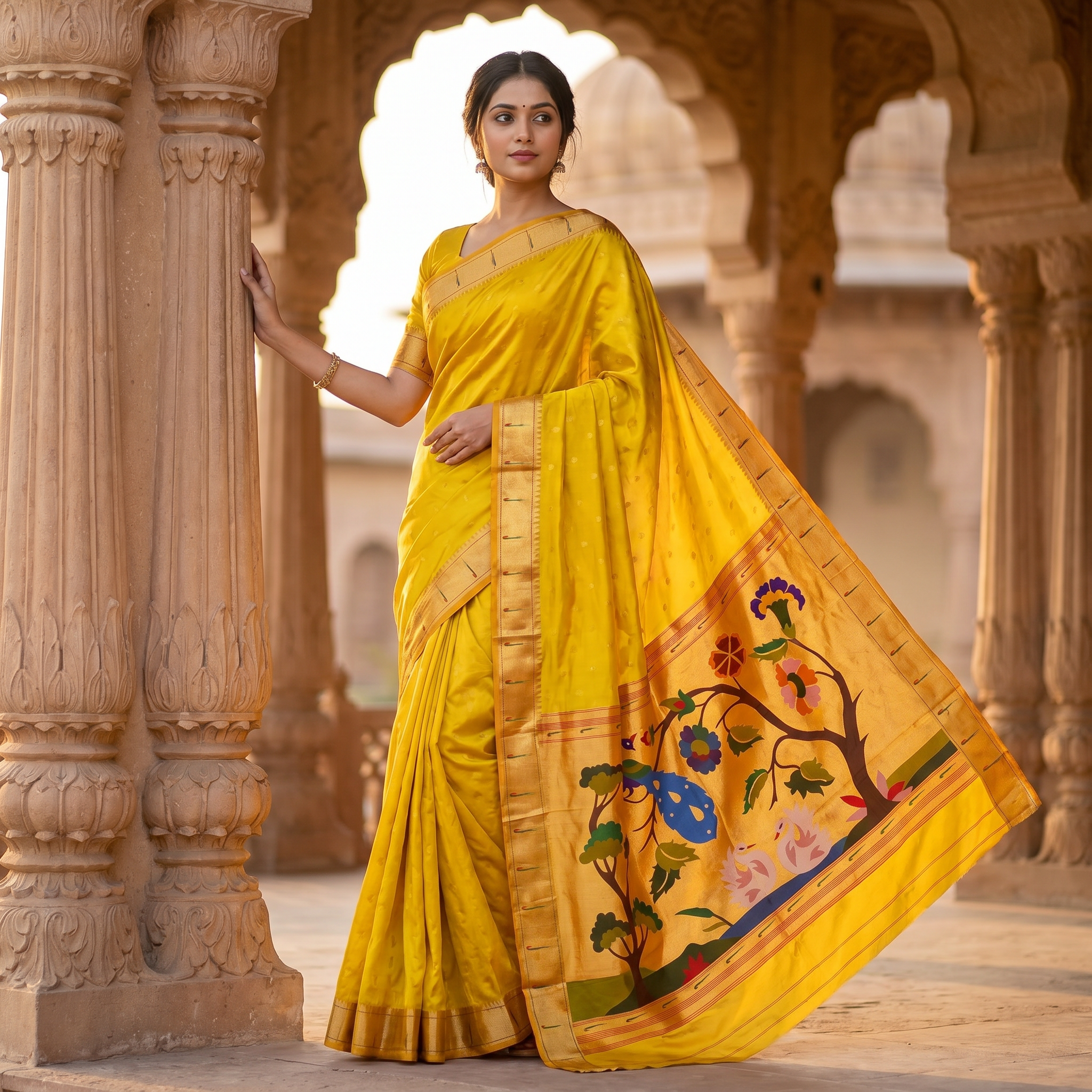 Woman in a yellow saree with floral patterns standing in an architectural setting.