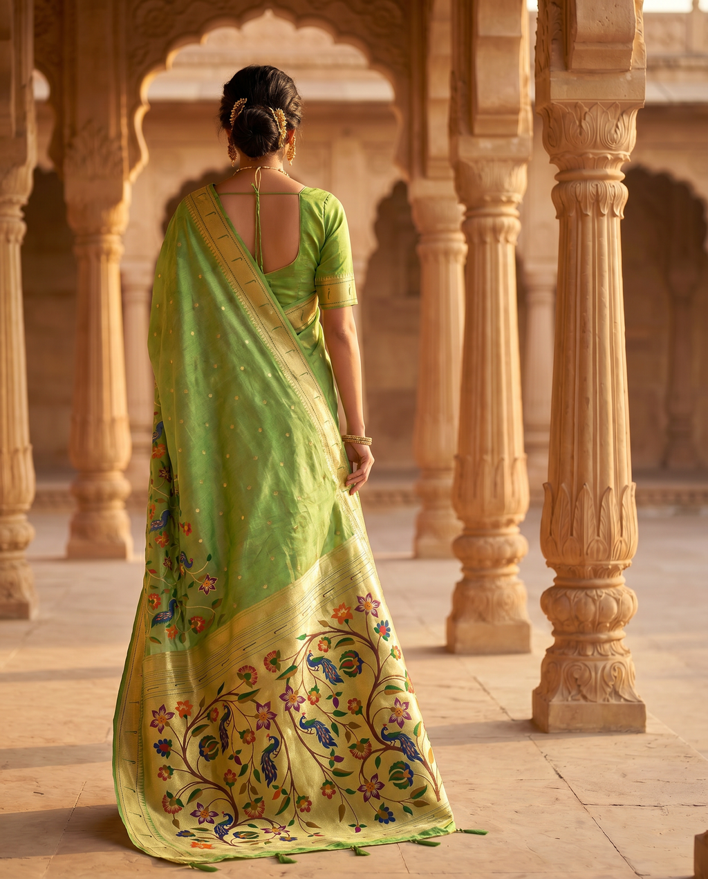 Woman in a green saree with floral patterns standing in an architectural setting.