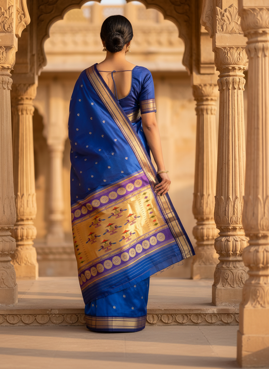 Woman in a blue saree with gold patterns standing in an architectural setting.
