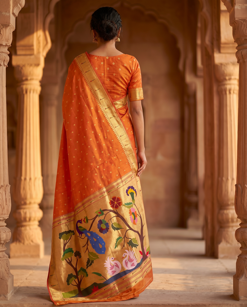 Woman wearing an orange saree with floral patterns in a temple setting