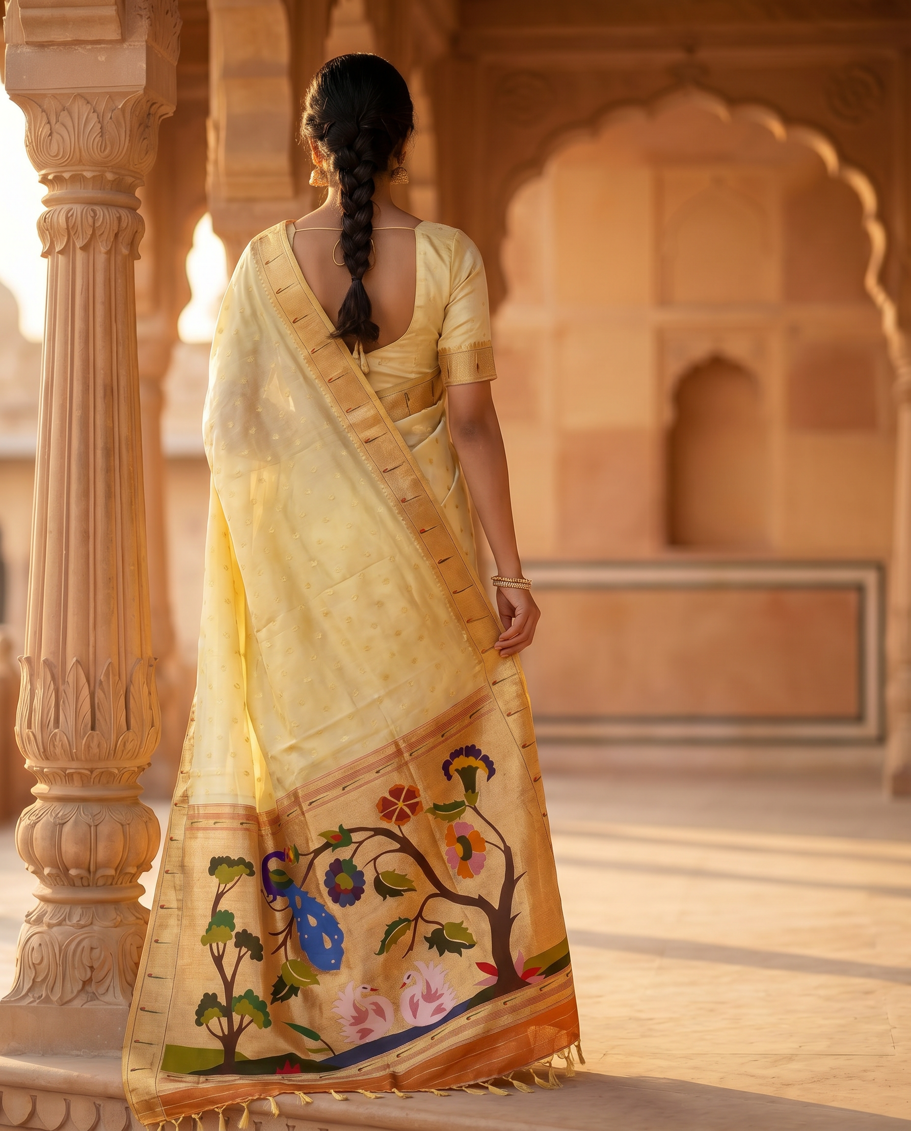 Woman in a traditional yellow saree with floral patterns standing in an architectural setting.