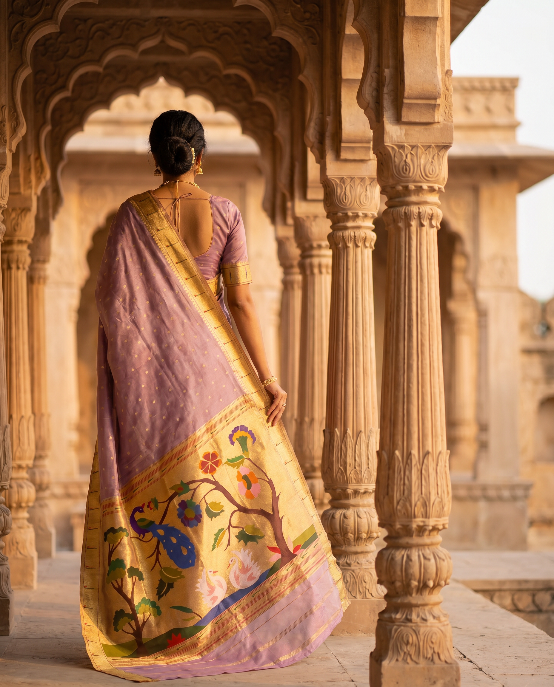 Woman in a traditional saree standing in an architectural setting