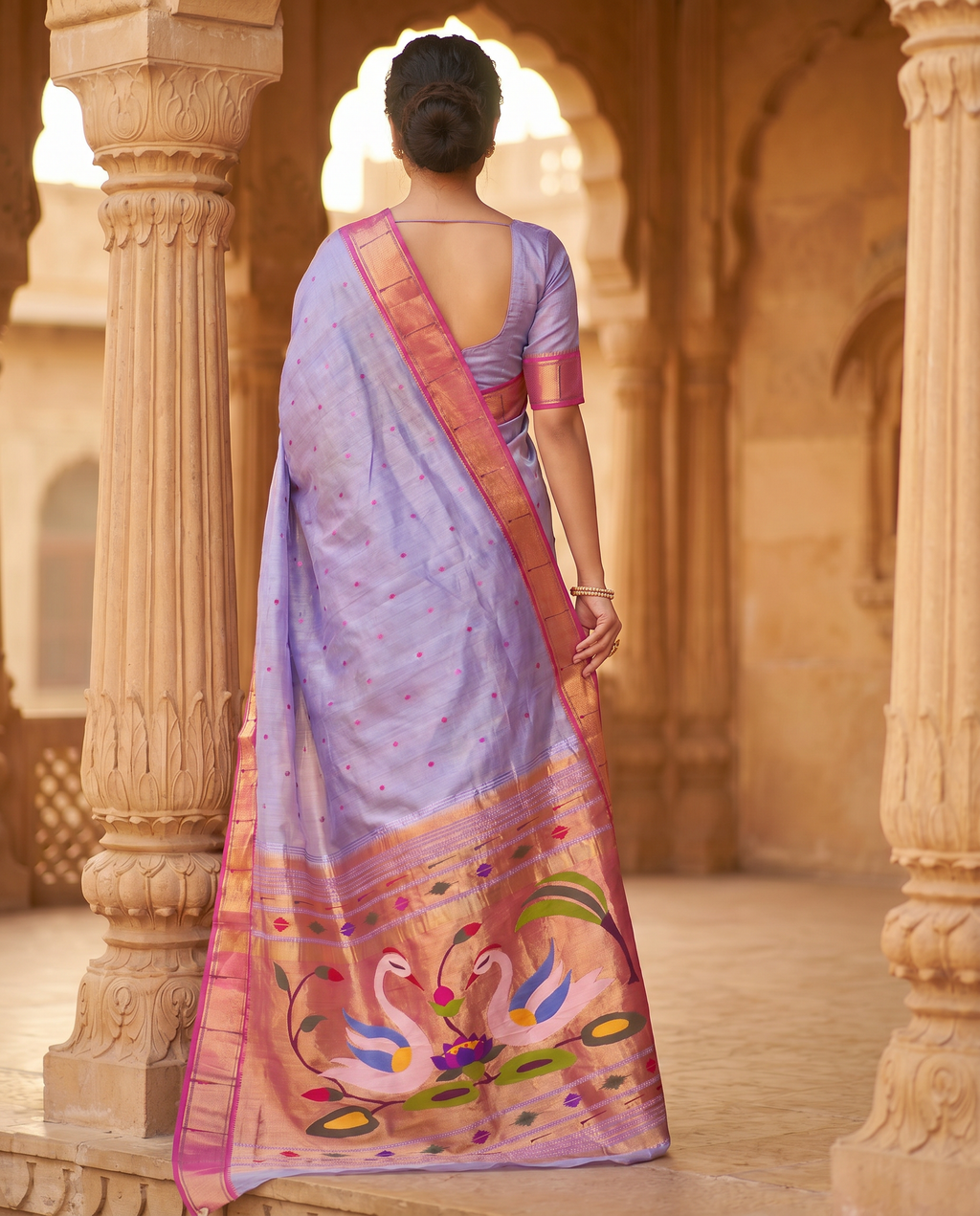 Woman wearing a traditional saree with a decorative pattern in an architectural setting.