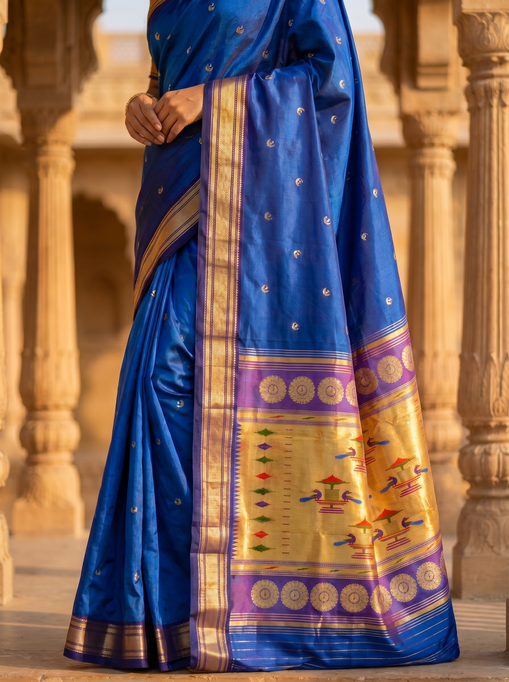 Blue saree with gold and purple border in an architectural setting