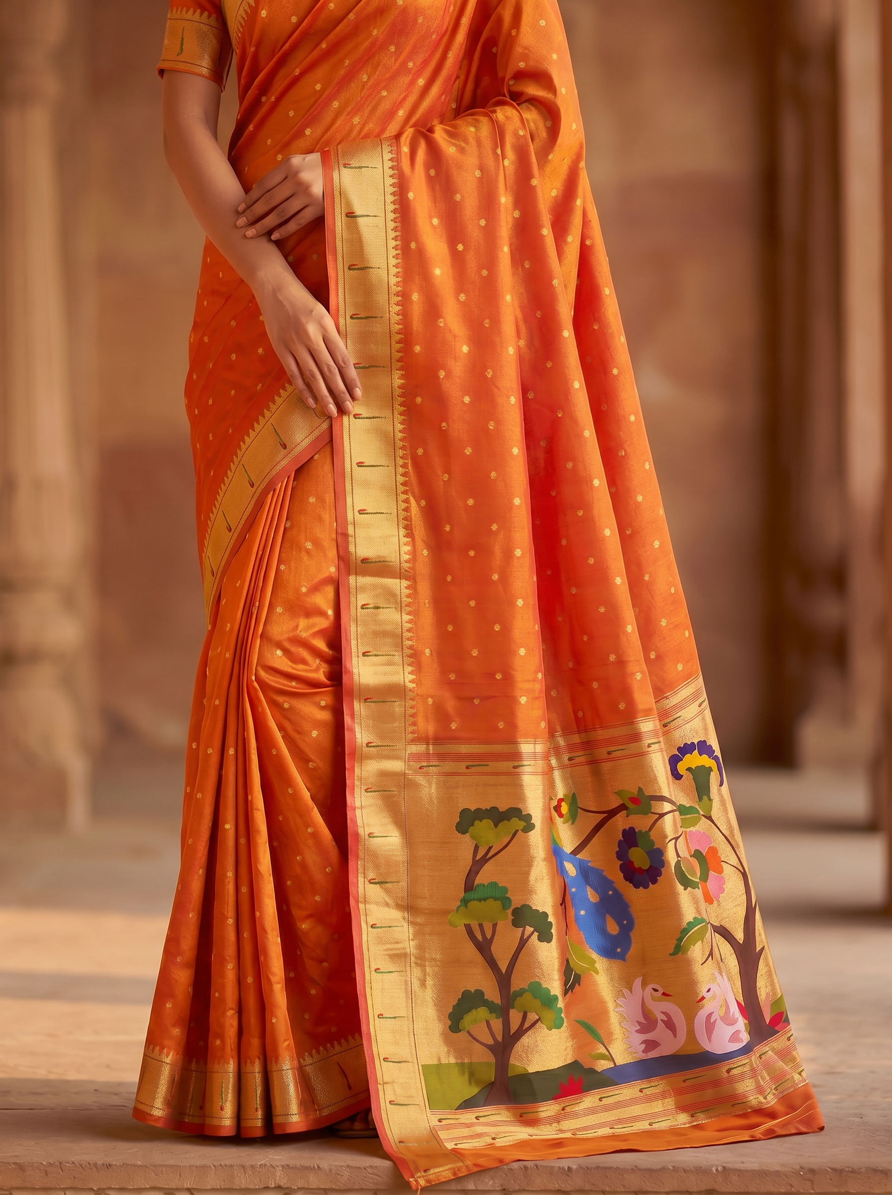 Orange saree with floral patterns on a blurred architectural background