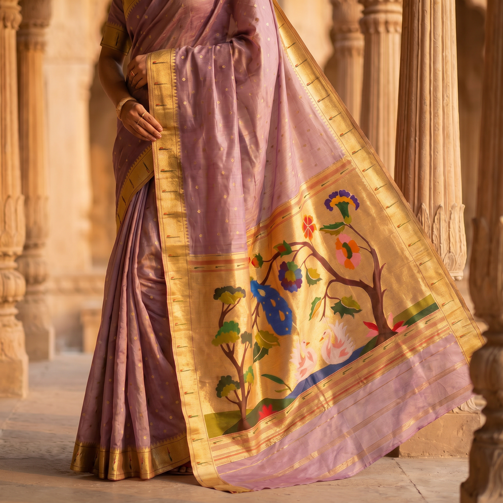 Woman wearing a traditional saree with intricate designs in an architectural setting