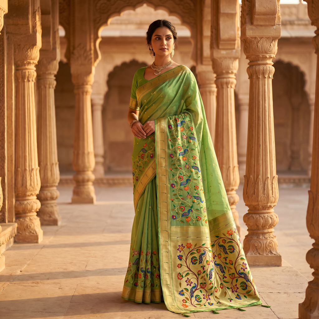 Woman in a green saree with floral patterns standing in an architectural setting.