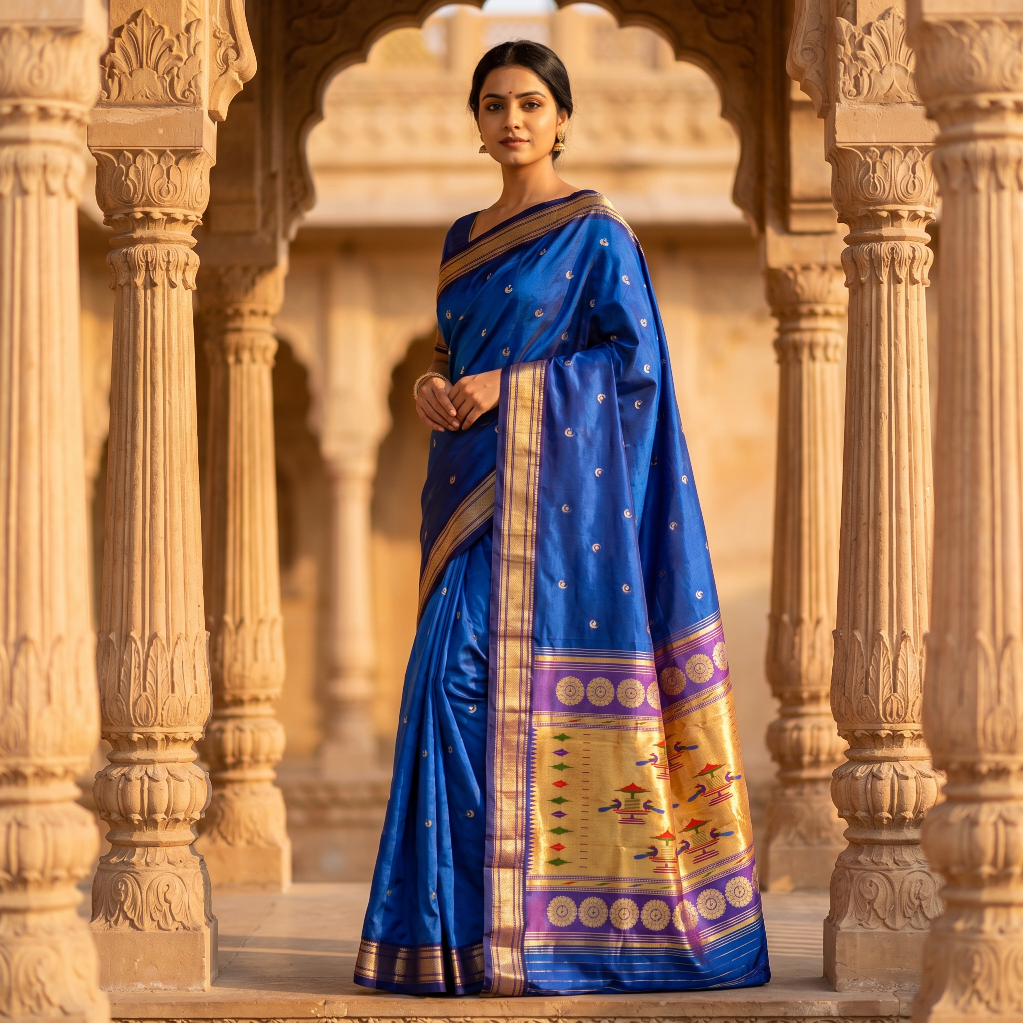 Woman in a blue saree with gold details standing in an architectural setting.