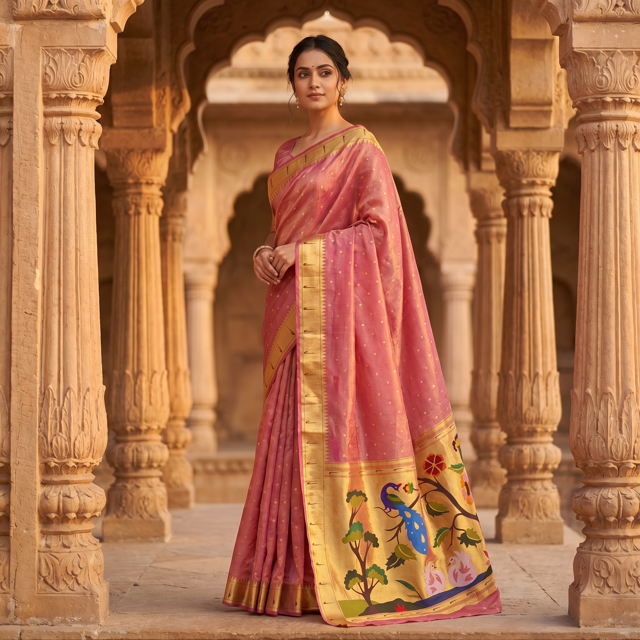 Woman in a traditional pink saree with gold border standing in an architectural setting.