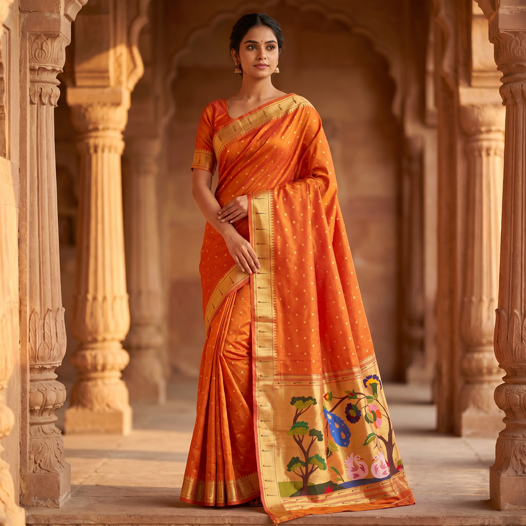 Woman in an orange saree with gold border standing in a temple-like setting