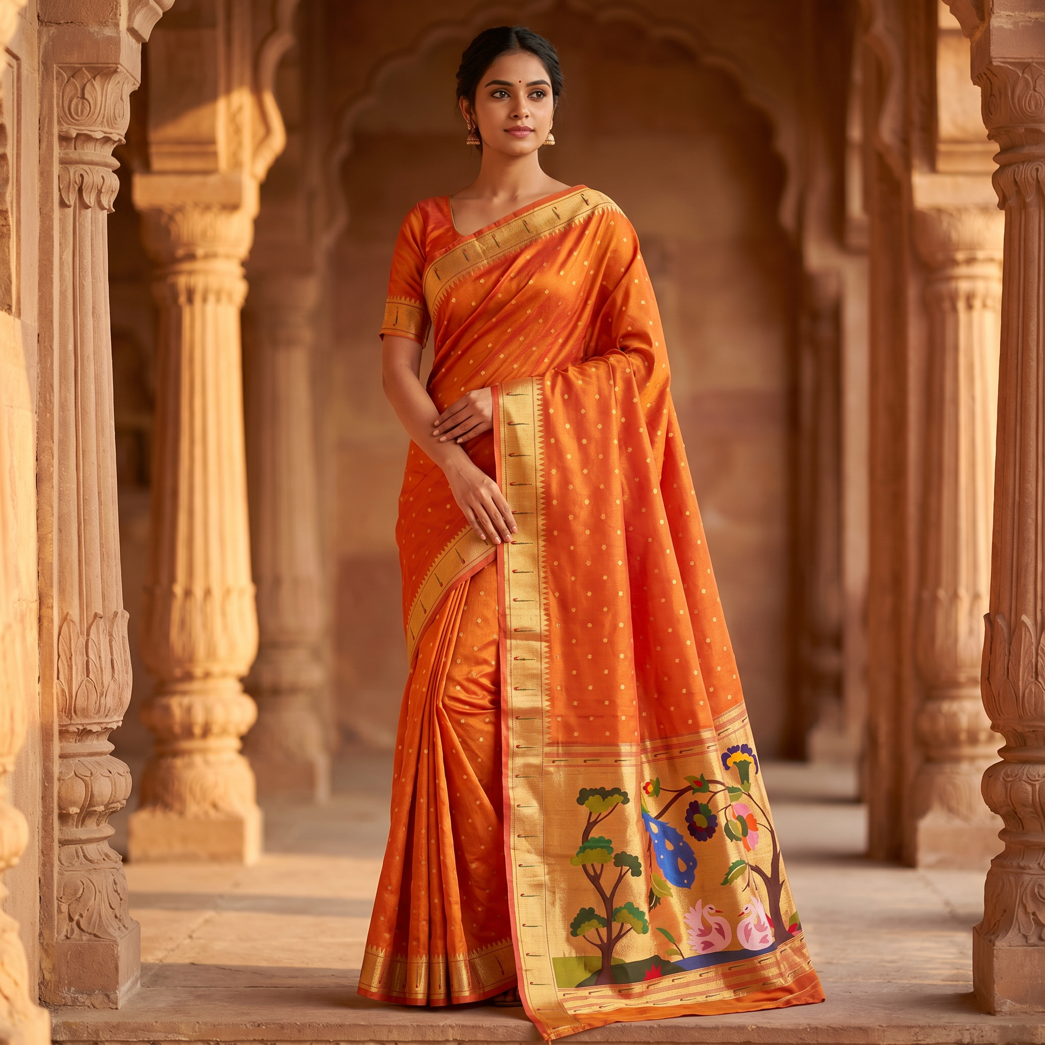 Woman in an orange saree with gold border standing in a temple-like setting