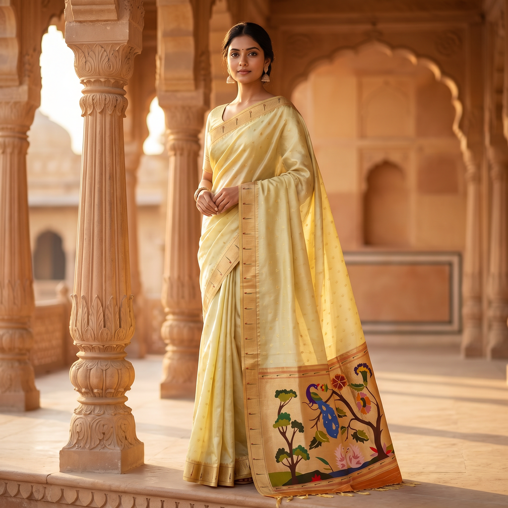 Woman in a traditional yellow saree with intricate designs standing in an architectural setting.