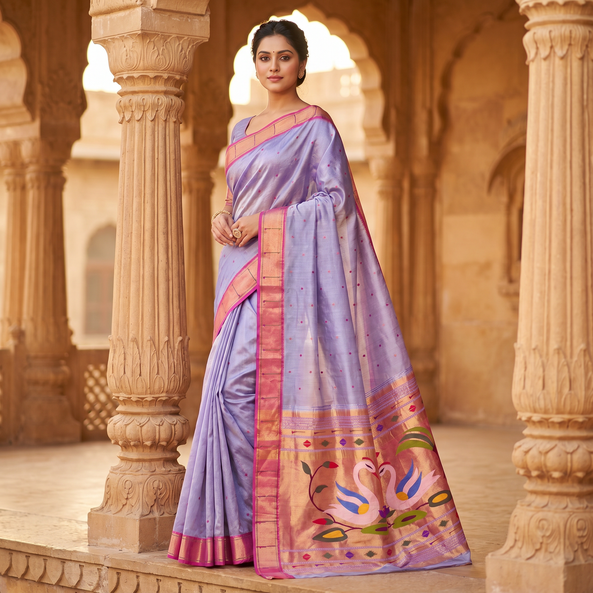 Woman in a traditional saree standing in an architectural setting